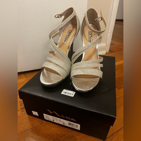 Nina Women's Friday-GM Dress Sandal Heel Silver Sparkle - Picture 1 of 6